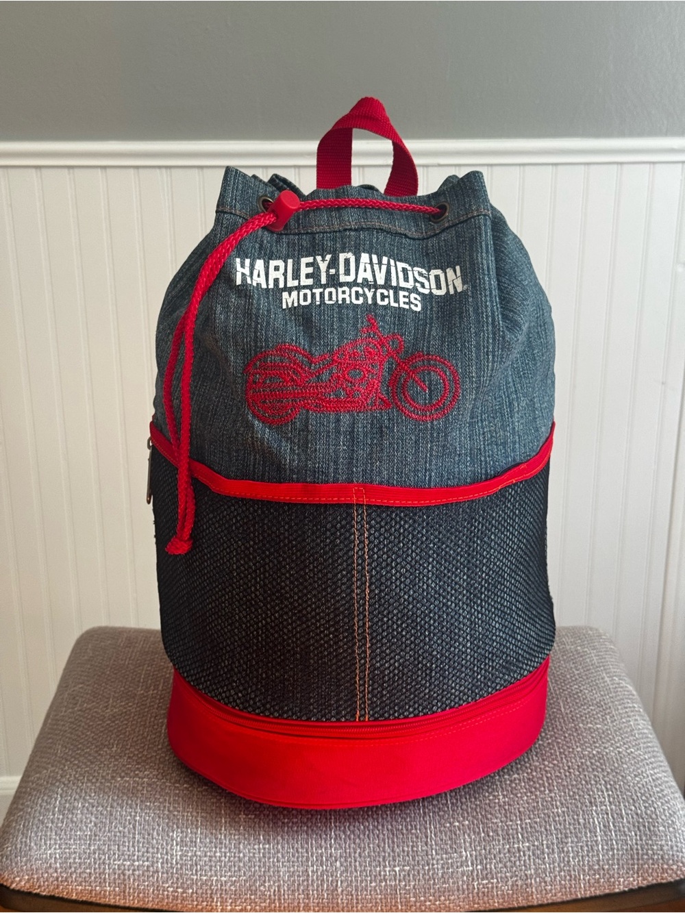 Vintage Harley-Davidson Denim Backpack with Red Trim and Motorcycle Embroidery